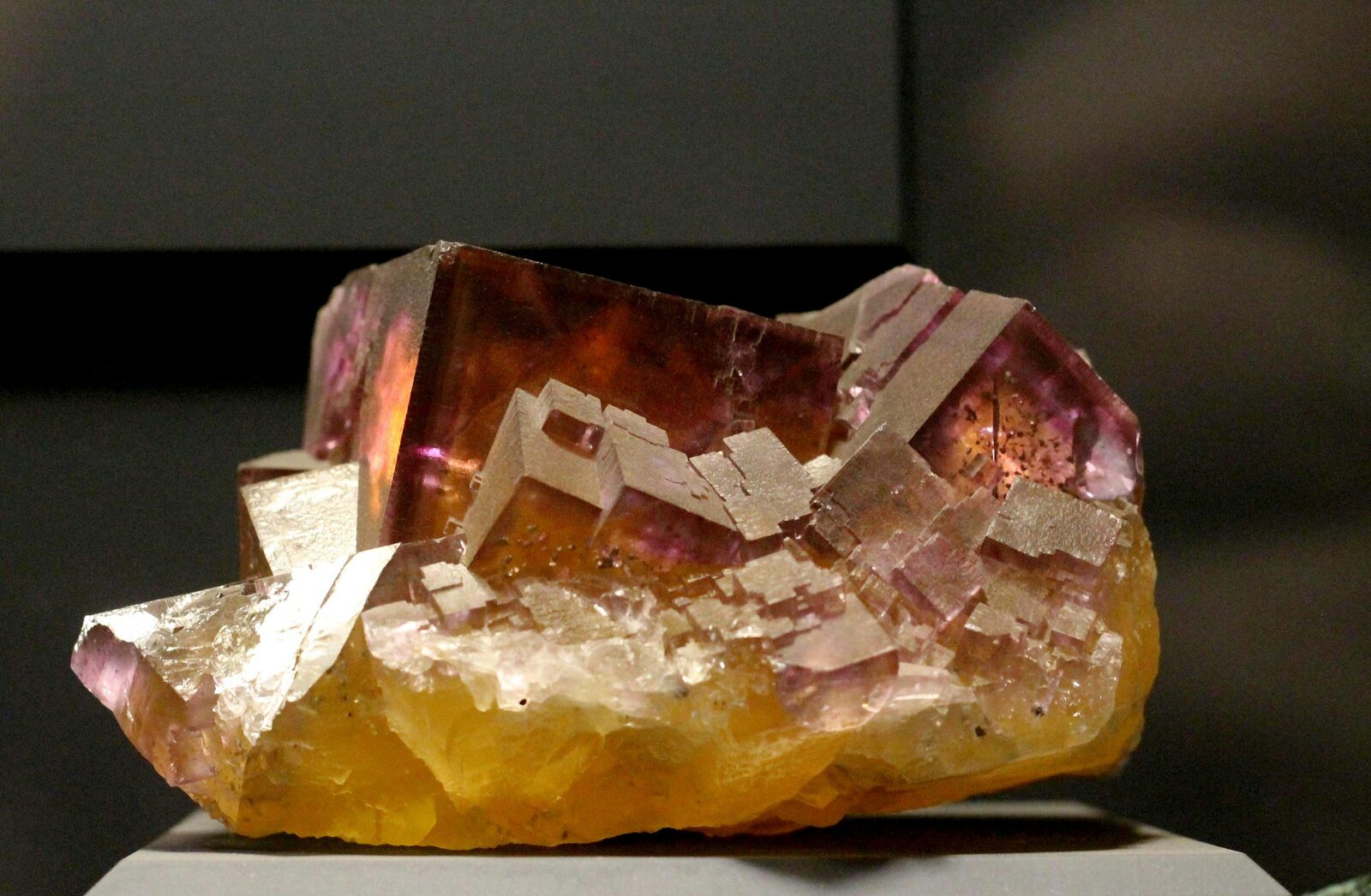 Fluorite cluster with golden-orange interior fading to purple zones
