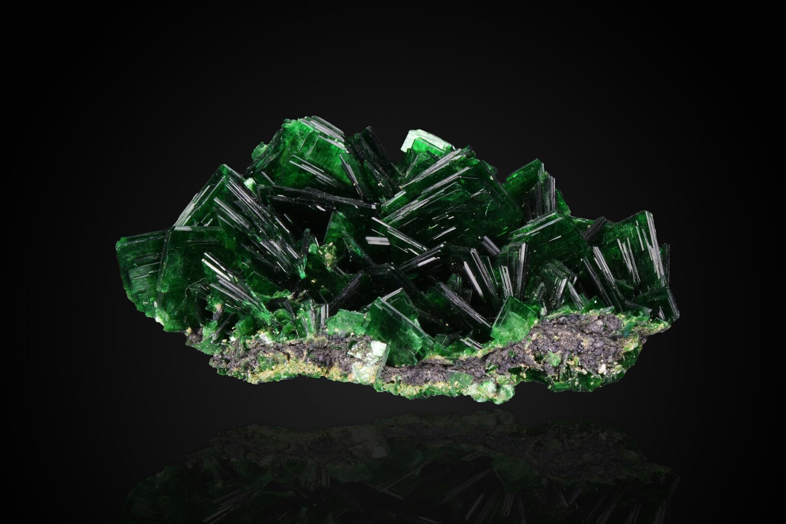 Uvarovite garnet — emerald-green druzy cluster on chromite matrix